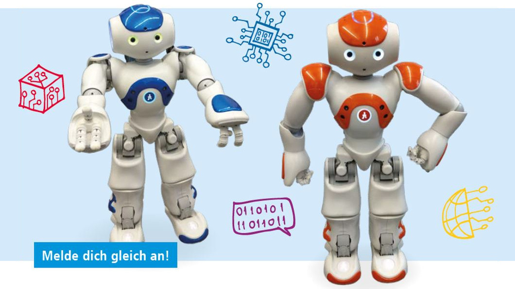 NAO Roboter vor Blauem Hintergrund mit Schriftzug "Melde dich gleich an!"