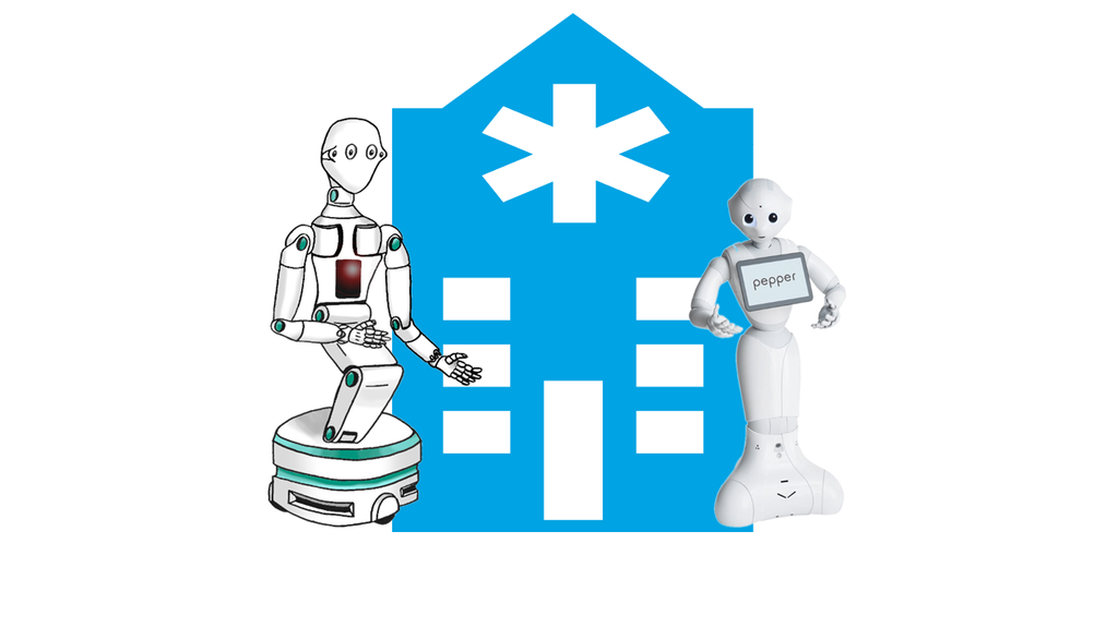 Symbol für Krankenhaus neben dem ein Pepper und ein ARMAR-7 Roboter stehen